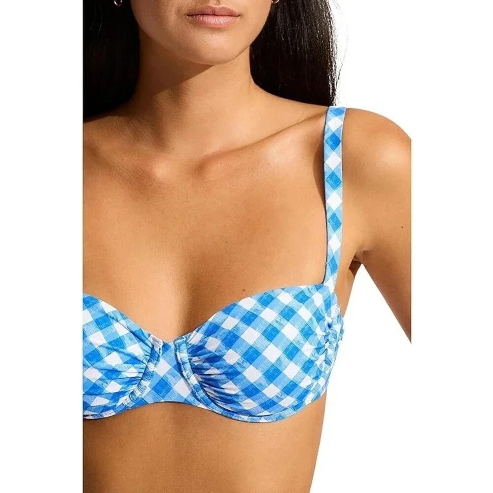 Seafolly Ciao Bella Underwire Bra Women's 6 Azure Check Ruched Swimwear BUU948 - Picture 5 of 6